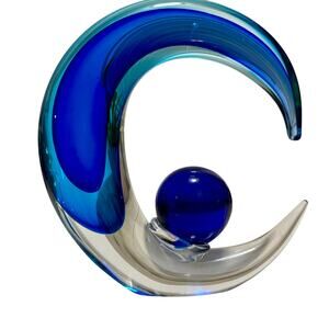 Hand blown Moreno glass crescent moon,Sun,Sculpture layered royal blue turquoise